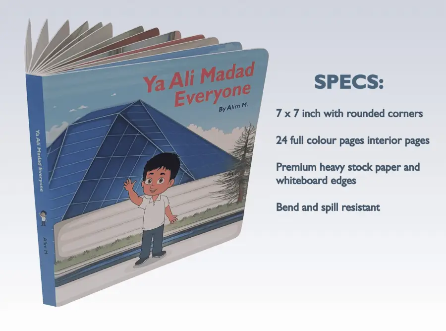 Book specifications: 7 by 7 inches, rounded corners, 24 full-colour pages, premium heavy-stock paper, and bend- and spill-resistant whiteboard edges